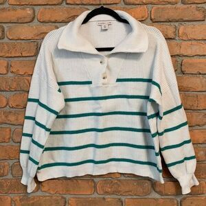 Sincerely Jules Womens Large Sweater White Green Striped Ribbed Knit‎ Pullover